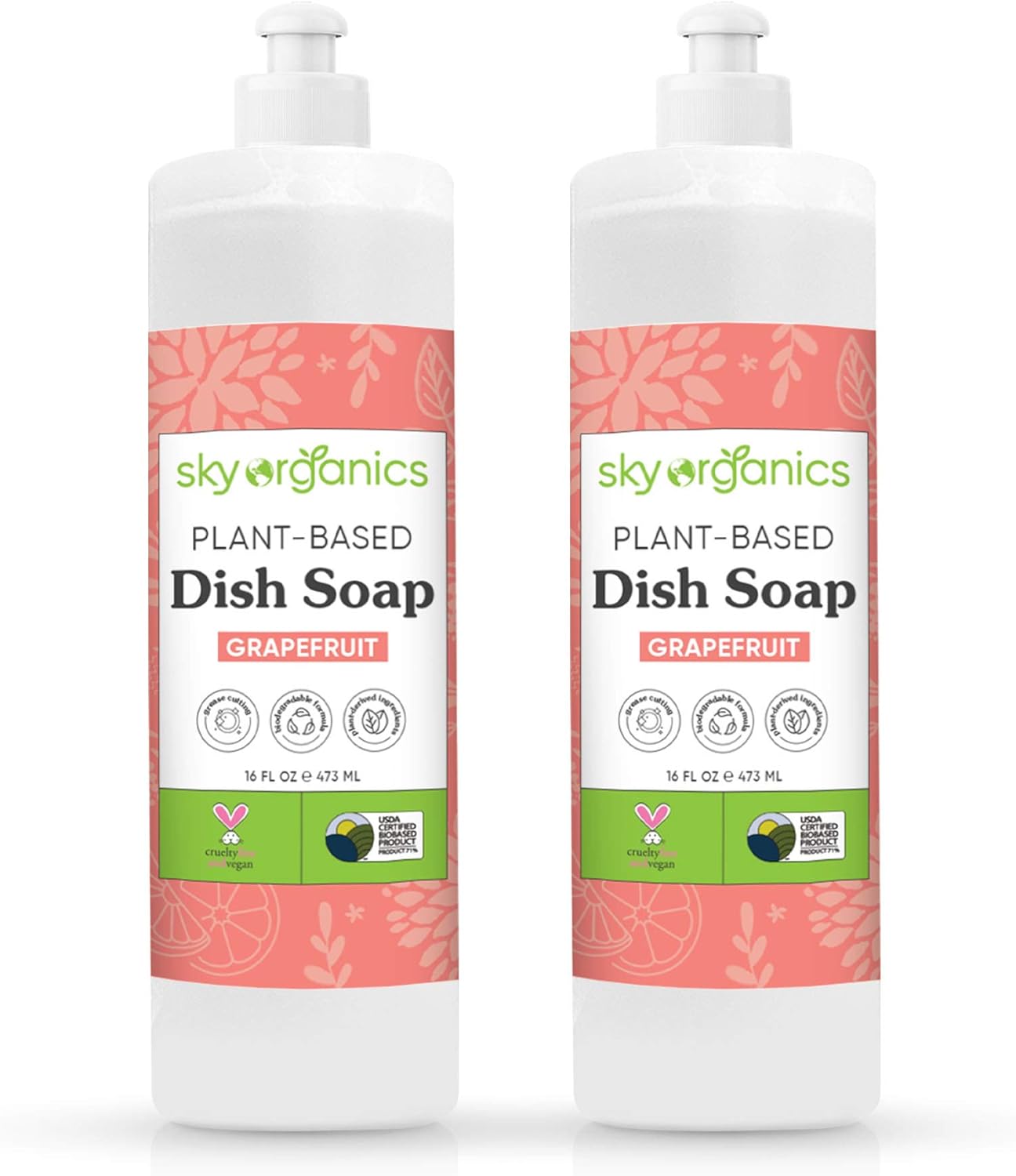 Sky Organics Grapefruit Dish Soap (16 fl oz x 2 Pack) Bio-Based Liquid Grease Cutting Soap, Cruelty-Free, Biodegradable Formula