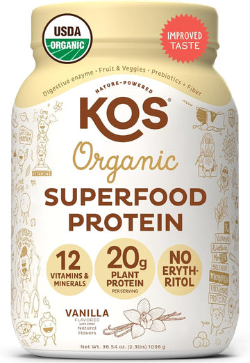 KOS Vegan Protein Powder Erythritol Free, Vanilla USDA Organic - Pea Protein Blend, Plant Based Superfood Rich in Vitamins & Minerals - Keto, Dairy Free - Meal Replacement for Women & Men, 28 Servings