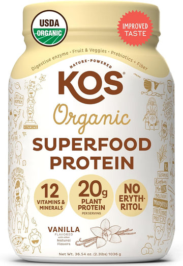 Kos Vegan Protein Powder Erythritol Free, Vanilla Usda Organic - Pea Protein Blend, Plant Based Superfood Rich In Vitamins & Minerals - Keto, Dairy Free - Meal Replacement For Women & Men, 28 Servings