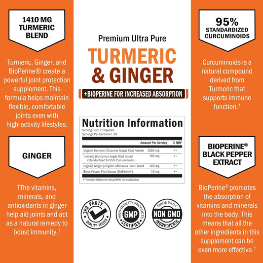 Organic Turmeric Curcumin And Ginger - 95% Standardized Curcuminoids With Bioperine Black Pepper Extract For Ultra High Absorption - Natural Joint Support Supplement - Gluten-Free - 60 Capsules