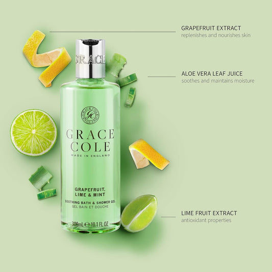 Grace Cole Bath & Shower Gel Grapefruit Lime & Mint Fragrance 300Ml - Essential Oils - Vegan And Cruelty Free, No Sls Or Parabens - Made In England