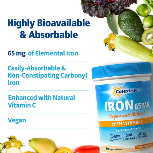 Iron Supplement, 65 Mg Carbonyl Iron & 250 Mg Vitamin C, Stomach Friendly Iron Pills For Blood Building Women & Men, Better Absorption, No Constipation, Vegan, Non-Gmo, Gluten Free, 60 Tabs
