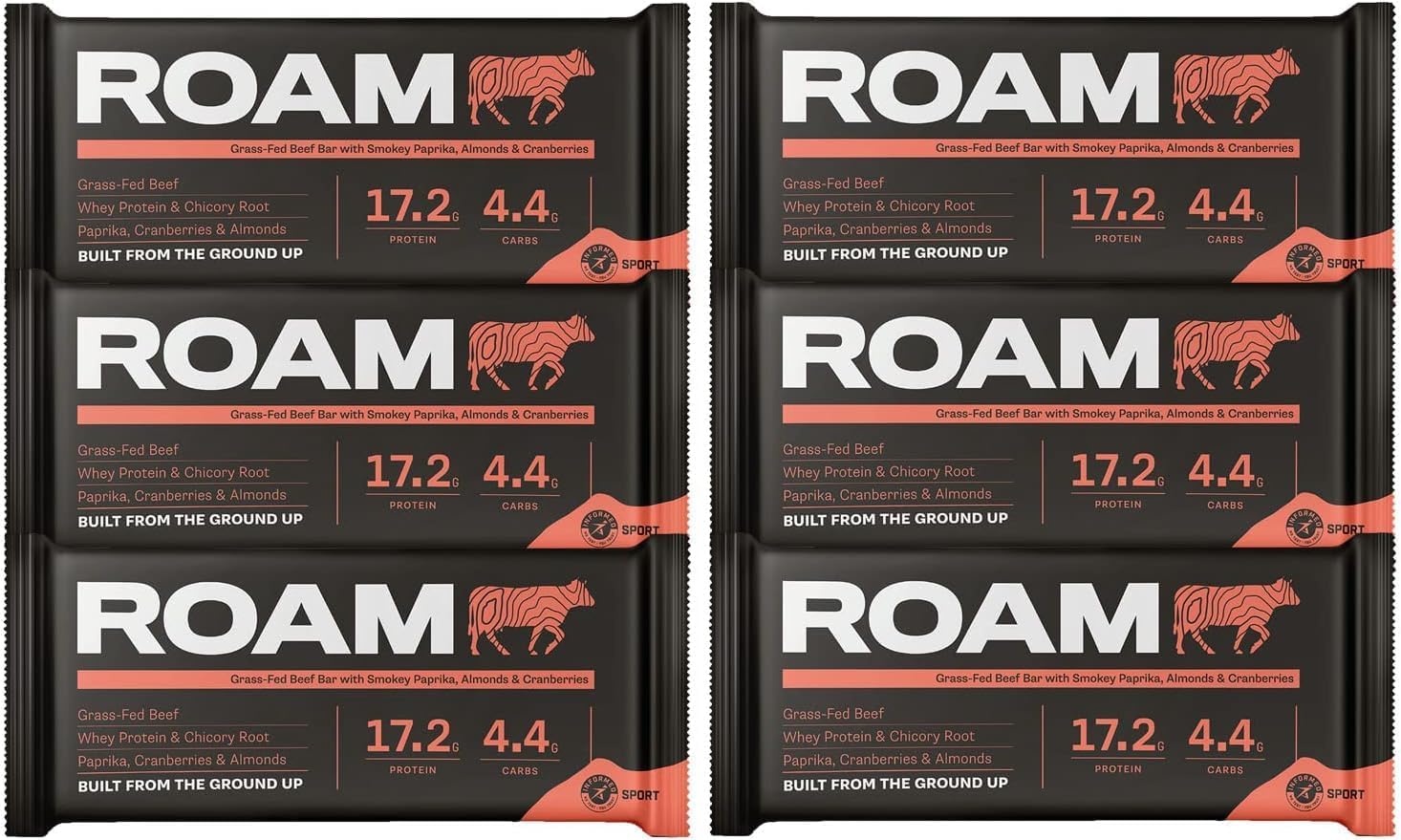 Roam Natural Protein Bars, Meal Replacement Keto Bars, 12 X 45G Gluten Free Healthy Snacks, Low Calorie Snacks (Smoked Paprika, Almond & Cranberry)