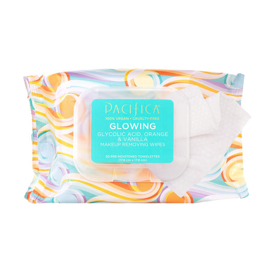 Pacifica Beauty Glowing Glycolic Acid, Orange, Vanilla Makeup Removing Wipes, Skincare, Aha, Aloe, Daily Cleansing, Face Wipes, Face Towelettes, Makeup Remover Cloth, Vegan, 30 Count (1 Pack)