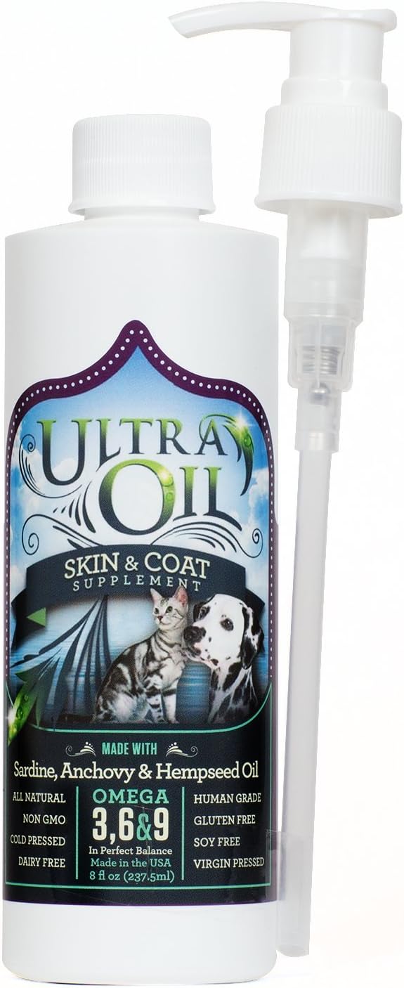 Ultra Oil Skin and Coat Supplement for Dogs & Cats - Hemp Seed Oil, Flaxseed Oil, Grape Seed Oil, Fish Oil for Relief from Dry Itchy Skin, Dandruff, and Allergies (8oz)