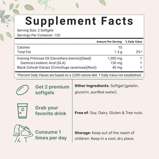 Micro Ingredients Evening Primrose Oil 1300Mg Per Serving, 240 Softgels | Enhanced With 40Mg Black Cohosh Extract, Cold Pressed – 10% Active Gla, Non-Gmo, No Gluten, Easy To Swallow