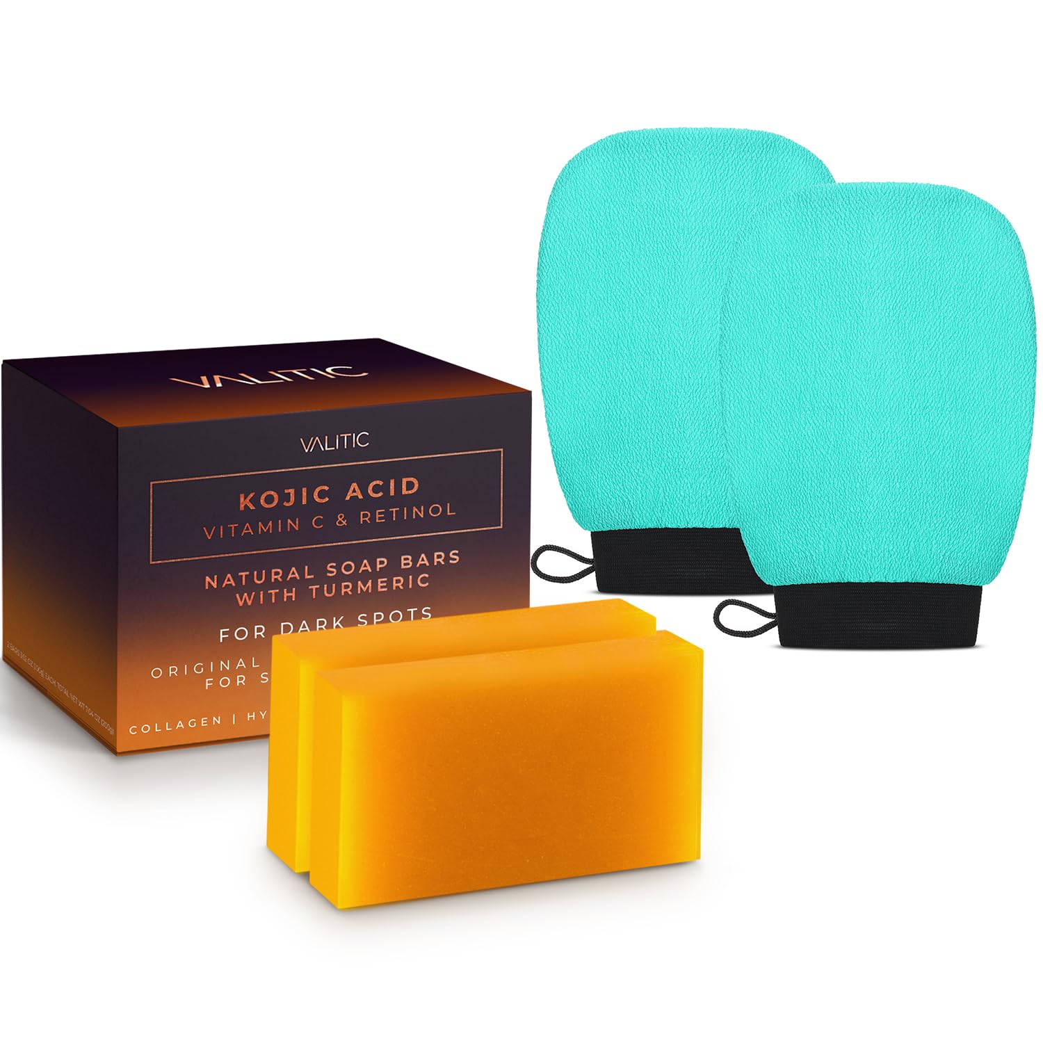 Valitic 2 Pack Kojic Acid Vitamin C & Retinol Soap Bars For Dark Spot & A Pair Of Turquoise Exfoliating Gloves For Body Scrubs