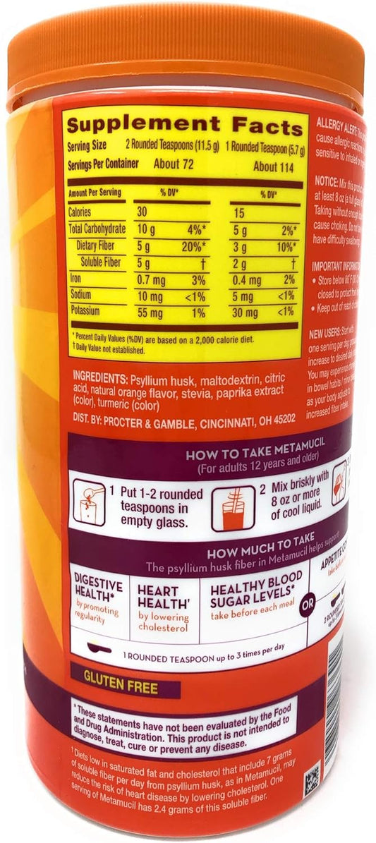 Metamucil Premium Blend Sugar Free Fiber, 114 Servings, Psyllium Husk Fiber Powder Supplement, with Stevia, Natural Orange Flavor 23.1 oz