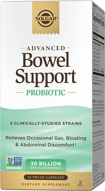 Solgar Advanced Bowel Support Probiotic, 30 Vegan Capsules - 30 Billion Cfu - 5 Clinically-Studied Strains - For Occasional Gas, Bloating & Abdominal Discomfort - Non-Gmo & Vegan, 30 Servings