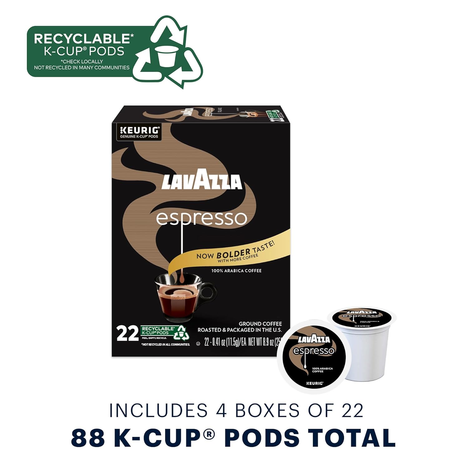 Lavazza Espresso Single-Serve Coffee K-Cups For Keurig Brewer, Medium Roast, 88 Capsules Value Pack, 100% Arabica