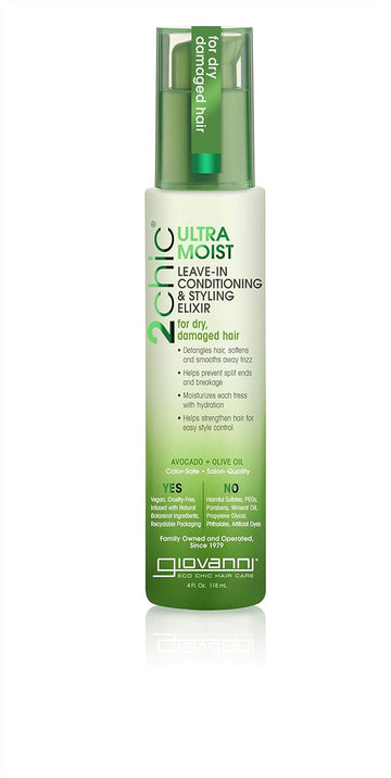 Giovanni 2Chic Ultra-Moist Leave-In Conditioning Styling Elixir - Smoothes Frizz Prevents Breakage, For Dry & Damaged Hair, Avocado & Olive Oil, Enriched With Aloe Vera, Shea Butter - 4 Fl Oz