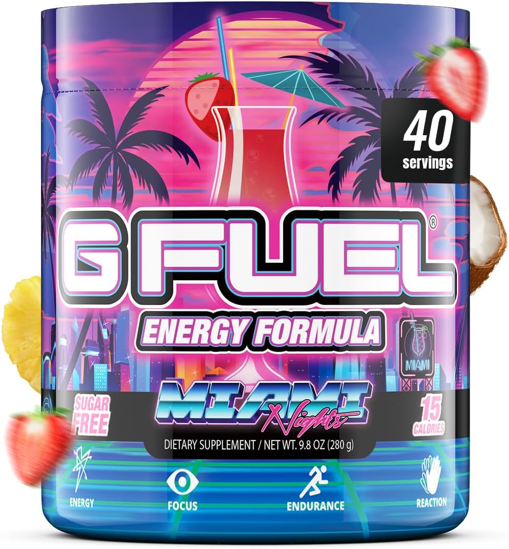 G Fuel Miami Nights Strawberry Pina Colada Flavored Game Changing Energy Powder,Sharpens Focus, Zero Sugar, Supports Immunity & Enhances Mood 9.8Oz 40 Servings