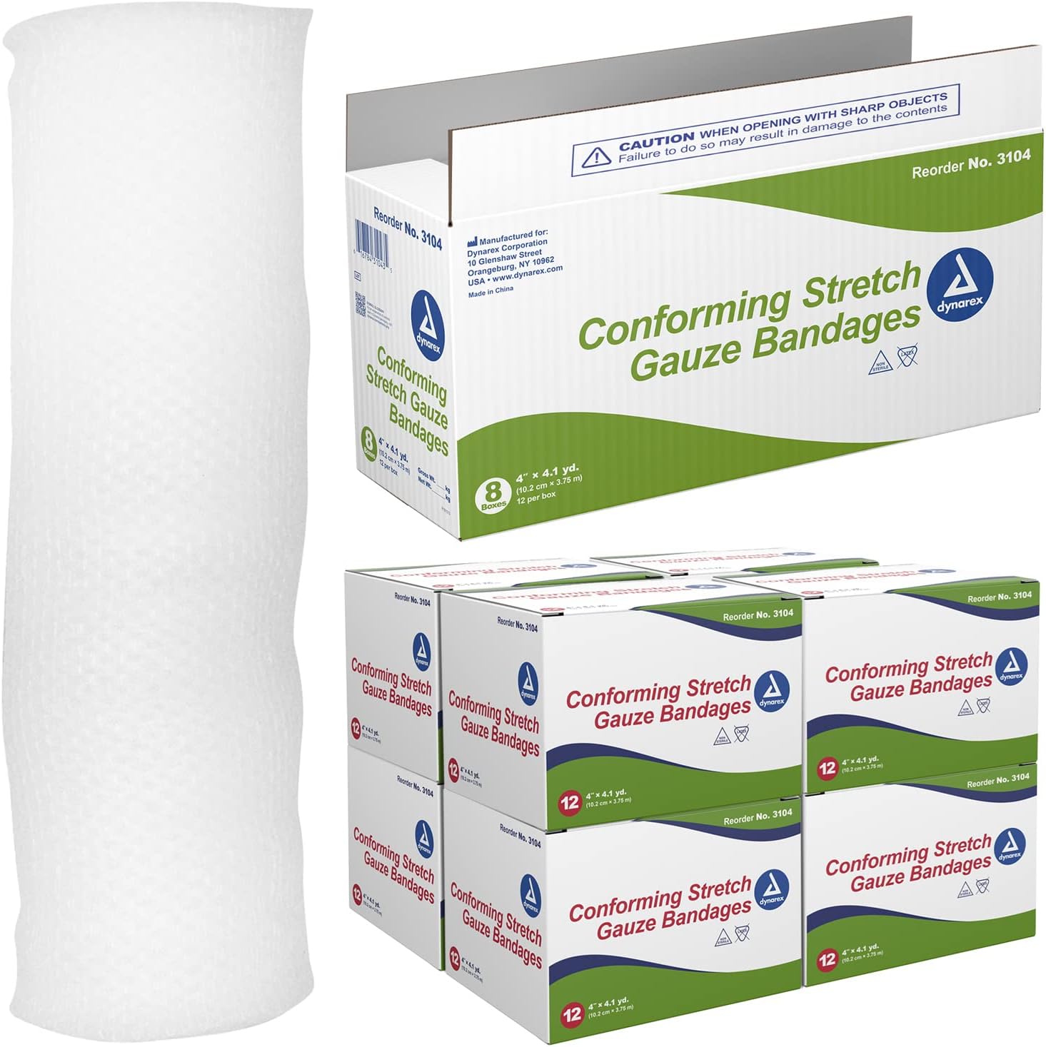 Dynarex Stretch Gauze Bandages, 4" X 4.1 Yds, Non-Sterile & Latex-Free, Provides Wound Care In Medical And Home Environments, Individually Rolled, 1 Case - 8 Boxes Of 12 Bandages