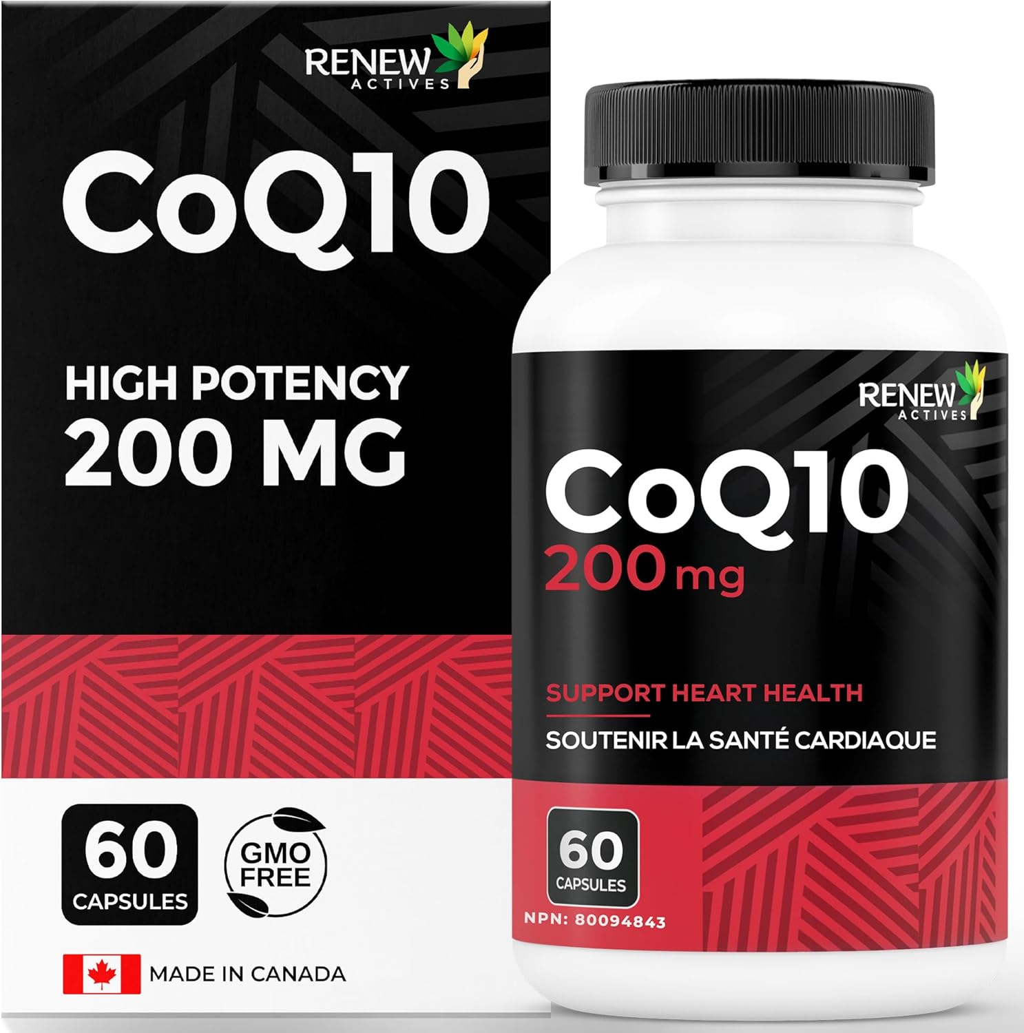 Renew Actives Coq10 Ubiquinone Supplement 200Mg Per Serving – Supports Heart Health, Migraine Relief, Immune System Boost Antioxidant Support & Energy – High Potency, Made In Canada - 60 Capsules