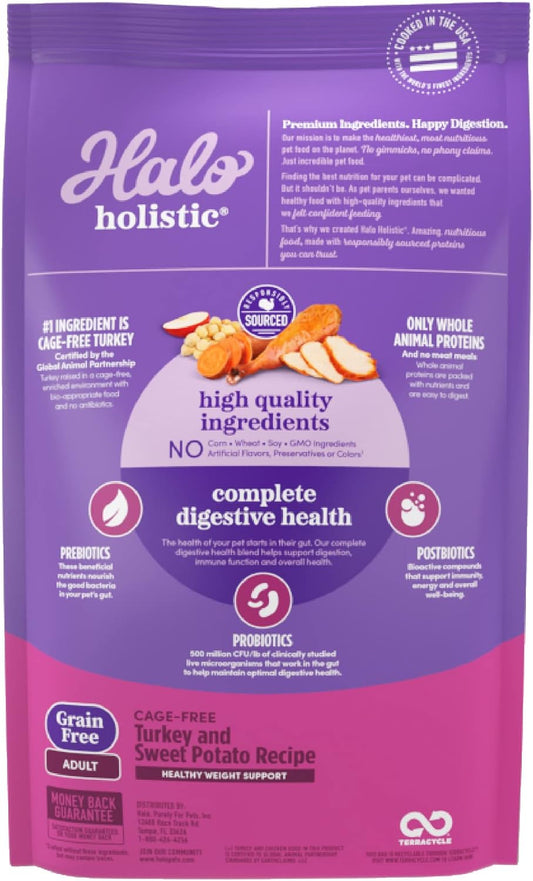 Halo Holistic Dog Food, Complete Digestive Health Grain Free Cage-Free Turkey And Sweet Potato Recipe, Healthy Weight Support, Dry Dog Food Bag, Adult Formula, 21-Lb Bag