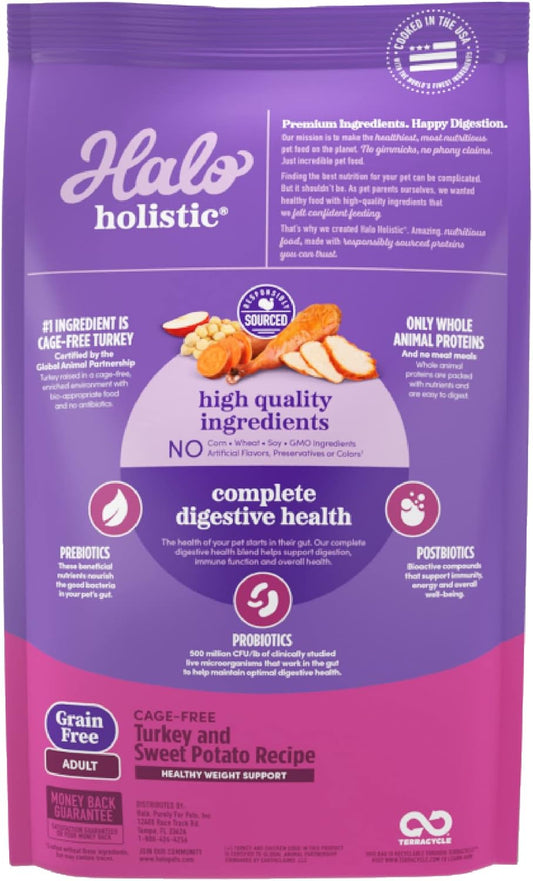 Halo Purely For Pets Holistic Dog Food, Complete Digestive Health Grain Free Cage-Free Turkey And Sweet Potato Recipe, Healthy Weight Support, Dry Dog Food Bag, Adult Formula, 10-Lb Bag