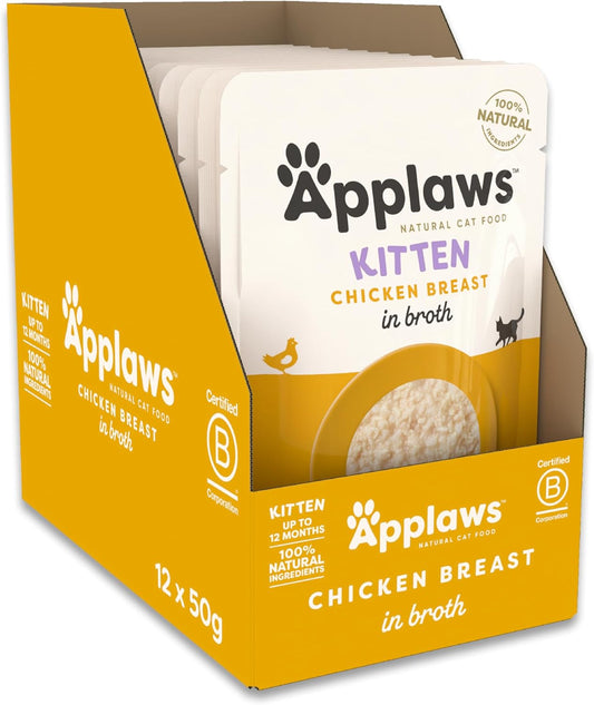 Applaws Natural Kitten Wet Food, Kitten Chicken Breast in Broth 50g Pouch (12x50g Pack)