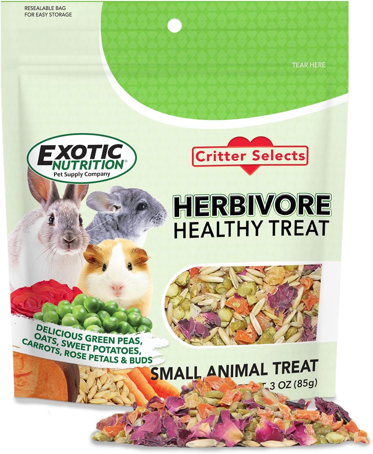 Herbivore Treat (3 Oz.) - Healthy Natural Mixed Treat - Sweet Potatoes, Carrots, Green Peas, Oats, Rose Petals - For Chinchillas, Rabbits, Guinea Pigs, Prairie Dogs, Degus, And Other Small Pets