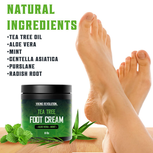 Viking Revolution Tea Tree Foot Cream For Dry Cracked Heels - Foot Cream For Dry Cracked Feet Foot Balm For Dry Cracked Feet - Foot Cream For Dry Feet Foot Repair Cream With Aloe Vera And Mint (8Oz)