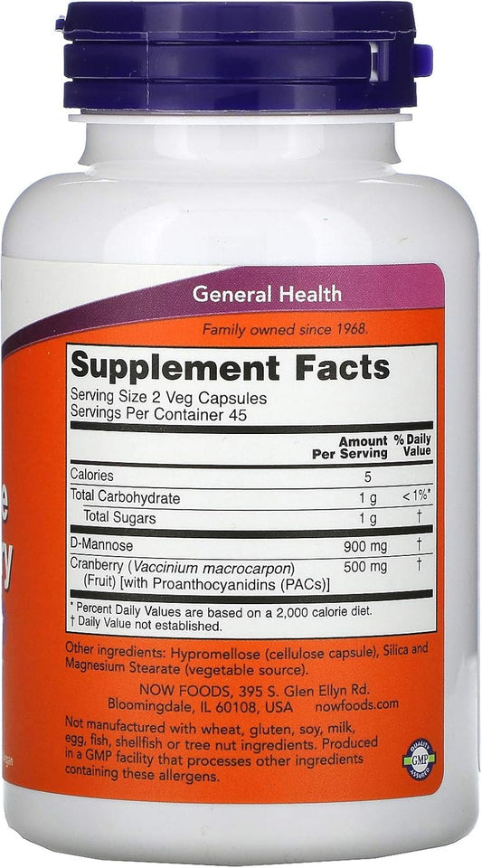 Now Foods Supplements, Mannose Cranberry, Dual Action Formula*, Clinically Evaluated, Urinary Tract Health*, 90 Veg Capsules