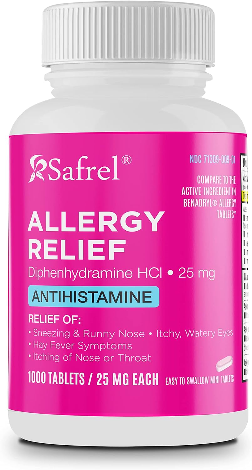 Safrel Allergy Relief Medication Diphenhydramine Hcl Caplets 25 Mg (1000 Count), Antihistamine Relieves Sneezing, Runny Nose, Hay Fever, Itchy Eyes And Throat, Seasonal Indoor & Outdoor Allergy Pills