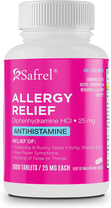 Safrel Allergy Relief Medication Diphenhydramine Hcl Caplets 25 Mg (1000 Count), Antihistamine Relieves Sneezing, Runny Nose, Hay Fever, Itchy Eyes And Throat, Seasonal Indoor & Outdoor Allergy Pills
