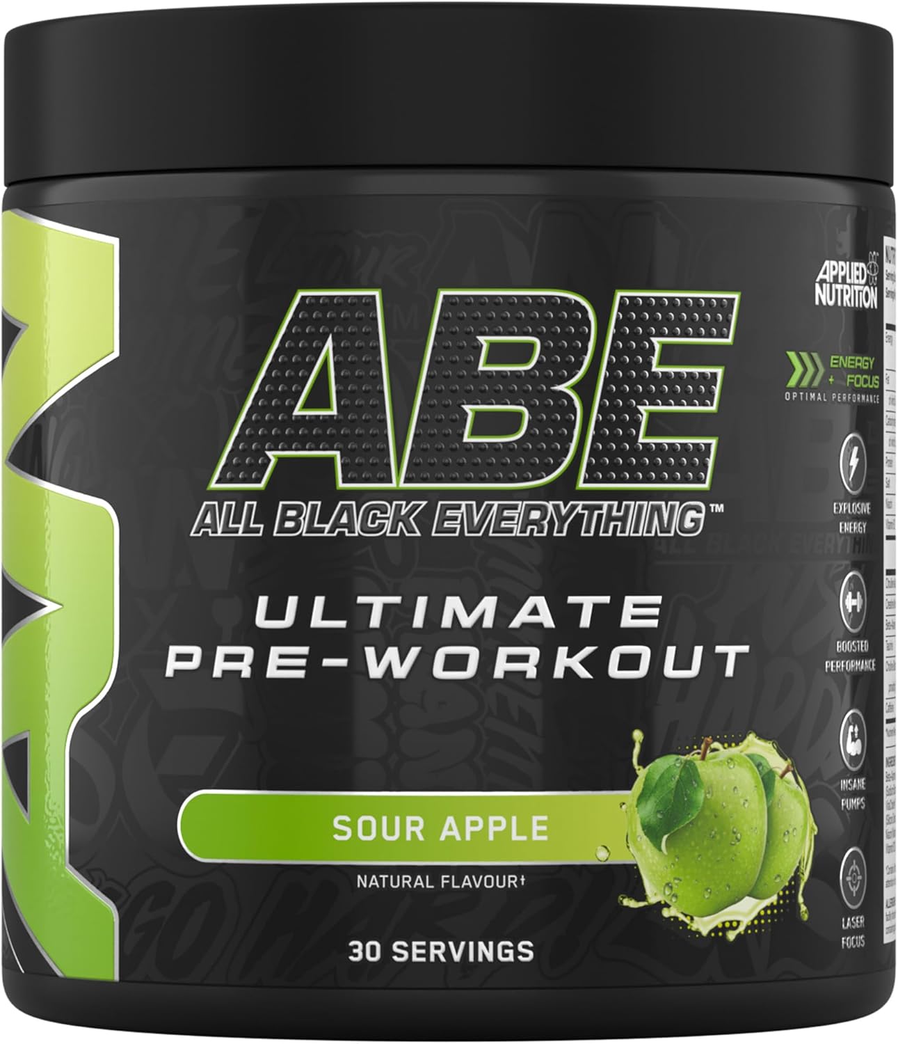 Applied Nutrition Abe Pre Workout - All Black Everything Pre Workout Powder, Energy & Physical Performance With Citrulline, Creatine, Beta Alanine (375G - 30 Servings) (Sour Apple)