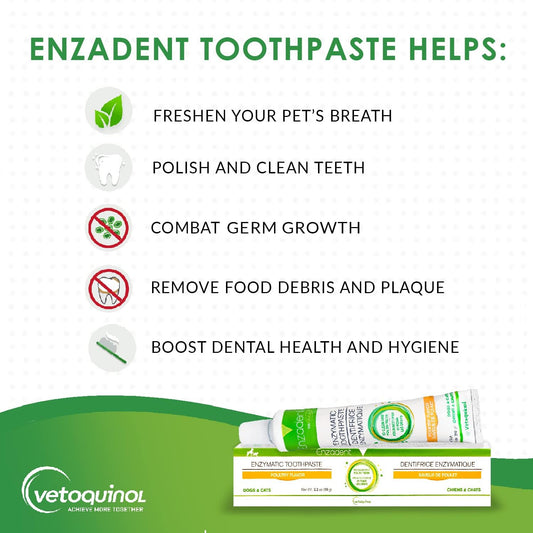 Vetoquinol Enzadent Enzymatic Toothpaste for Cats & Dogs – 3.2 oz, Poultry Flavor – Triple Enzyme Formula for Healthy Teeth & Gums – Oral Dental Care: Removes Plaque, Polishes Teeth & Freshens Breath