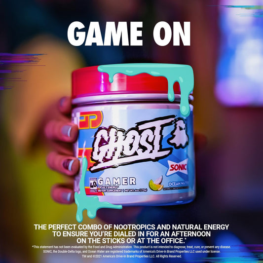 Ghost Gamer: Energy And Focus Support Formula - 40 Servings, Sonic Ocean Water - Nootropics & Natural Caffeine For Attention, Accuracy & Reaction Time - Vegan, Gluten-Free