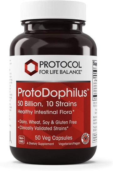 PROTOCOL FOR LIFE BALANCE - ProtoDophilus - 50 Billion, 10 Strains - Healthy Intestinal Probiotic Flora to Support Digestive Function and Immune Health - 50 Veg Capsules