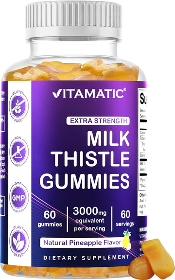 Vitamatic Milk Thistle Gummies - 3000 mg Equivalent - Liver Detox & Anti Oxidant Health - Min. 80% Silymarin Flavonoids - 60 Pectin Based Gummies