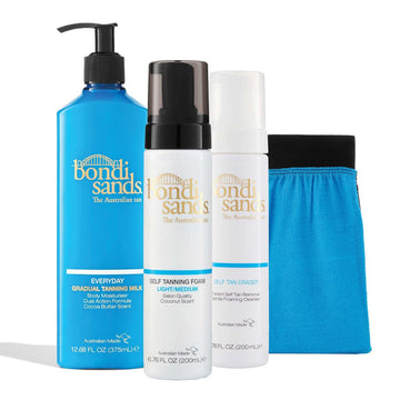 Bondi Sands Prep and Glow Bundle | Includes Self Tan Eraser, Exfoliation Mitt, Light/Medium Sunless Foam + Everyday Gradual Tanning Milk ($76 Value)