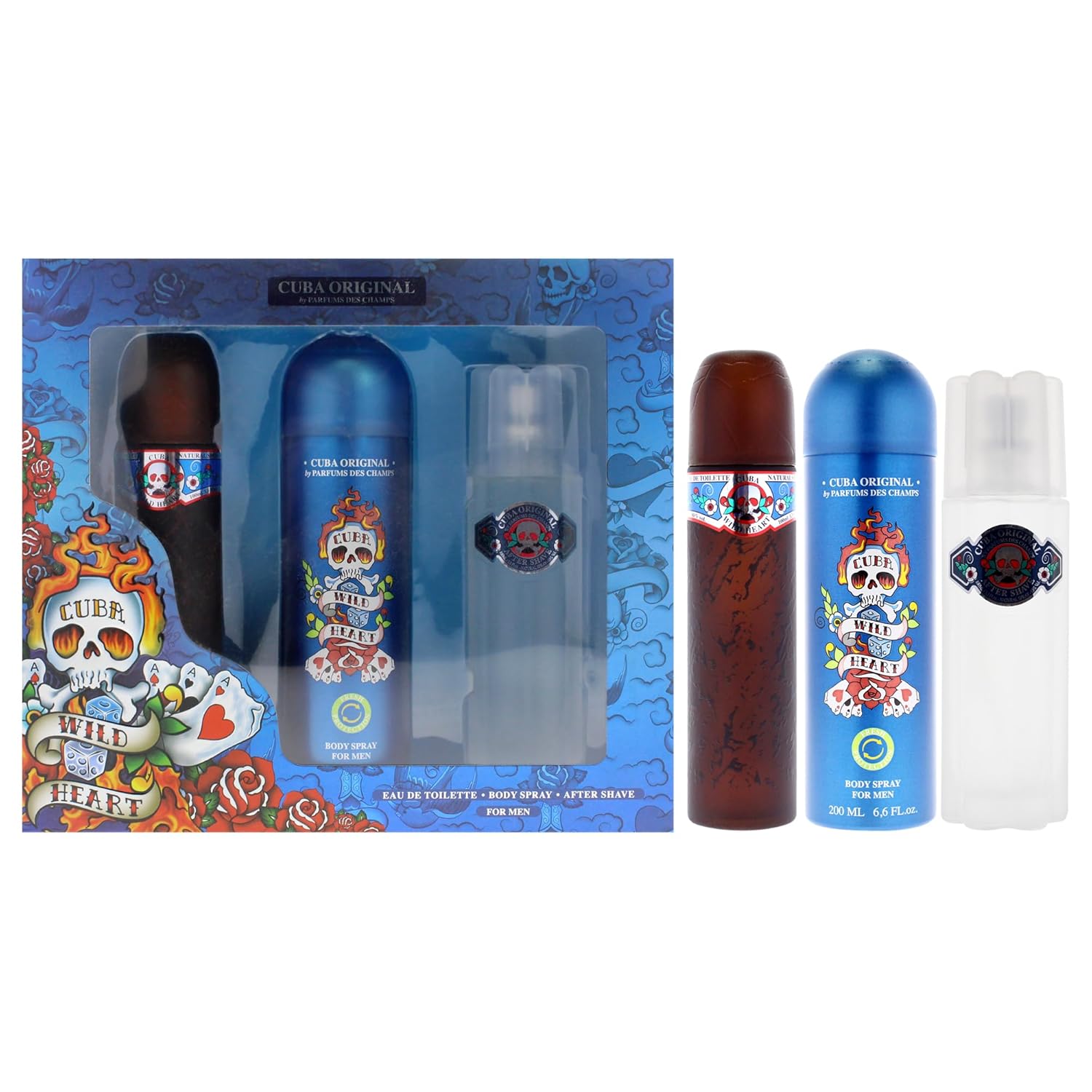 Cuba Wild Heart 3 Pieces Gift Set For Men, (3.4 Ounce Eau De Toilette Spray + 3.4 Ounce After Shave + 6.7 Ounce Body Spray)