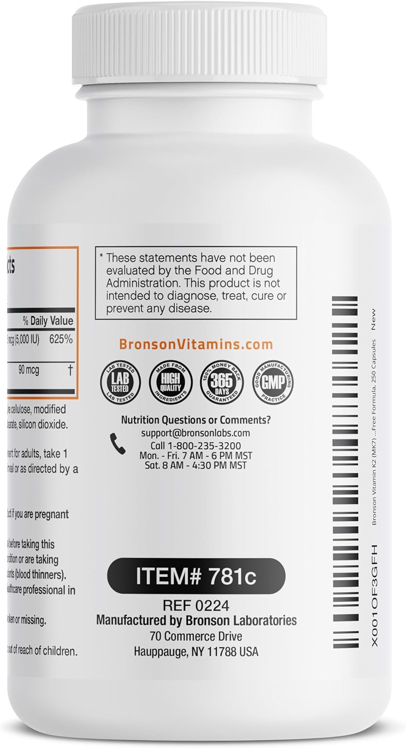 Bronson Vitamin K2 (MK7) with D3 Supplement Bone and Heart Health Non-GMO Formula 5000 IU Vitamin D3 & 90 mcg Vitamin K2 MK-7 Easy to Swallow Vitamin D & K Complex, 250 Capsules : Health & Household