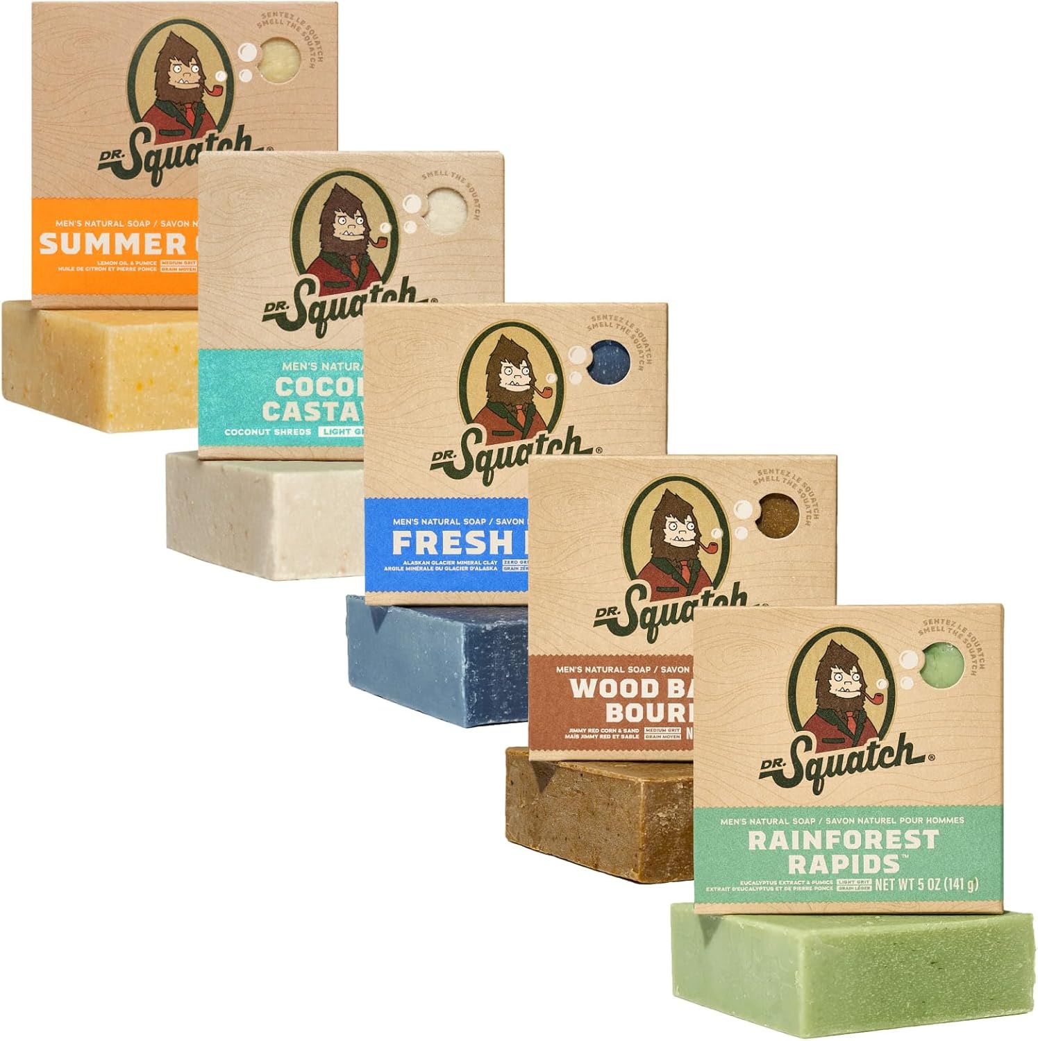 Dr. Squatch Men'S Natural Bar Soap Made From Natural Oils - Cold Process Soap With No Harsh Chemicals - Summer Citrus, Coconut Castaway, Fresh Falls, Wood Barrel Bourbon, Rainforest Rapids (5 Pack)