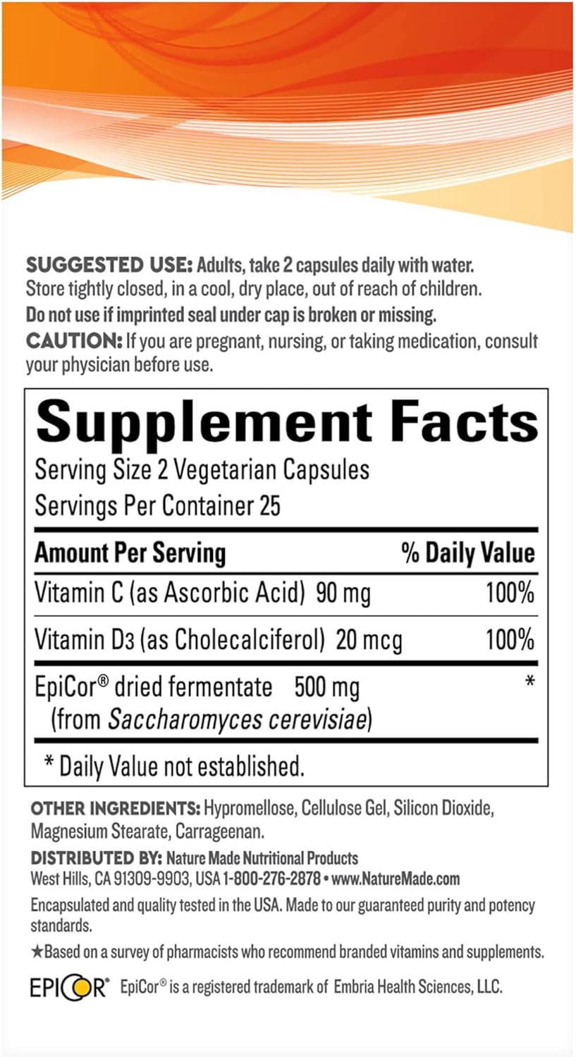 Nature Made Wellblends Immune & Respiratory, EpiCor Postbiotic, Vitamin C, Vitamin D3, Advanced Immune Support Supplement, 50 Vegetarian Capsules : Health & Household