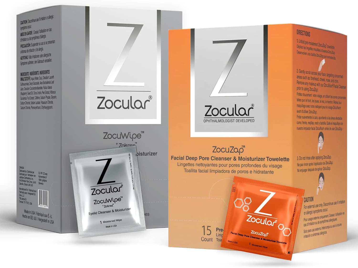 Zocuwipe Eyelid Wipes Eyelid Cleanser And Moisturizer Pads 40Ct + Zocular Zocuzap Facial Wipes, 15 Count Bundle