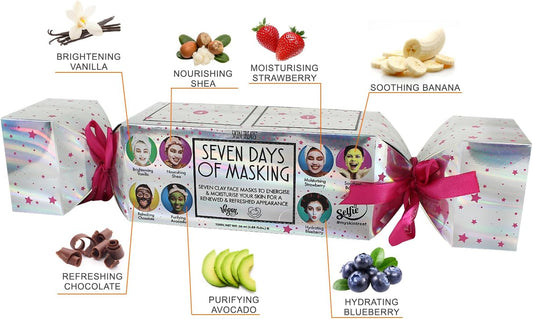 Skin Treats Seven Days Of Masking Christmas Cracker Gift Set | Dual Acton Clay Masks | Bentonite & Kaolin Clay | Rejuvenates & Nourishes | Vegan | Not Tested On Animals