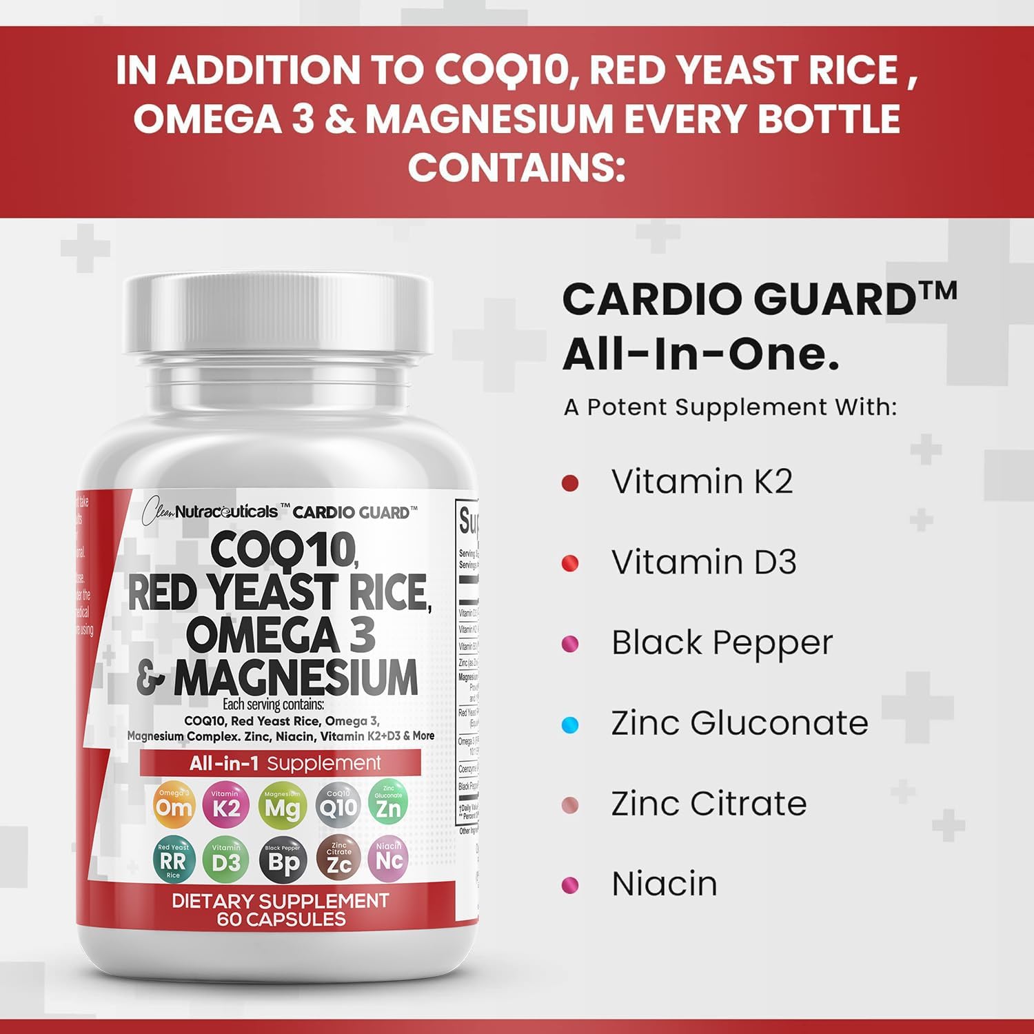 COQ10 200mg Red Yeast Rice 3000mg Omega 3 3000mg Magnesium Complex 500mg Niacin Zinc Vitamin K2 D3 - Heart Health Support Vitamins for Women and Men with Vitamin B3, Coenzyme Q10-60 Ct : Health & Household