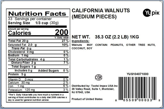 Yupik Raw California Walnuts, Medium Pieces, 2.2 Lb, Kosher, Gluten-Free, Vegan, Chopped Nuts, Unsalted, Unroasted, Source Of Omegas, Healthy Snacks, Nut Topping & Inclusion, For Baking & Cooking