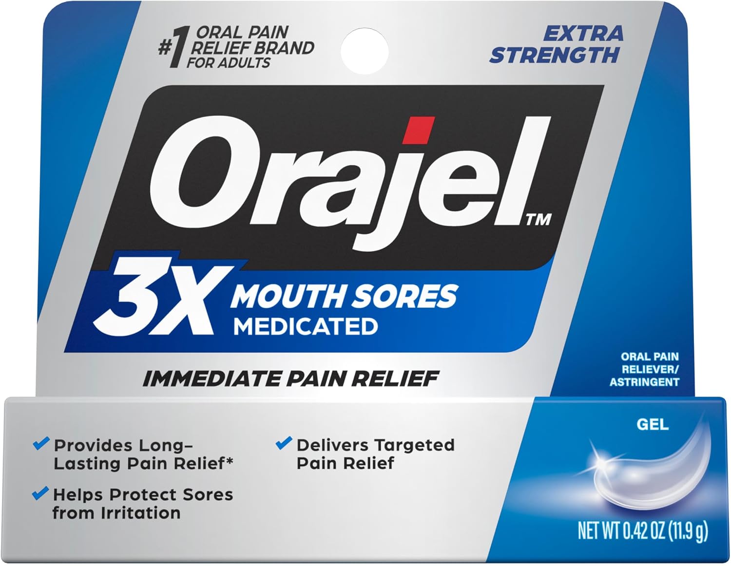 Orajel 3X For Mouth Sores: Maximum Strength Gel Tube 0.42Oz- From #1 Oral Pain Relief Brand