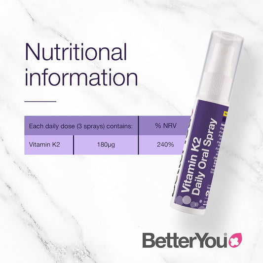 Betteryou Vitamin K2 Daily Oral Spray, Pill-Free K2 Supplement, Supports Normal Bone Health And Blood Clotting, 2-Month Supply, Made In The Uk, Natural Peppermint Flavour