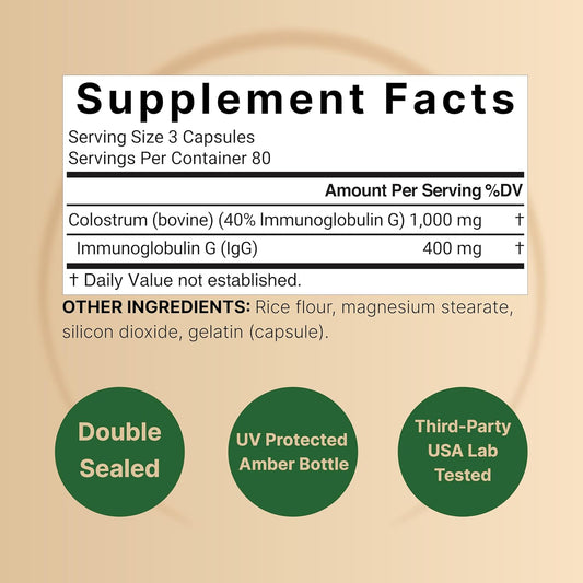 Colostrum Supplement 1,000Mg Per Serving, 240 Capsules | Grass Fed Bovine Colostrum From Mother'S First Milk – 40% Igg Immunoglobulins – Muscle, Immune & Gut Health Supplement – Non-Gmo
