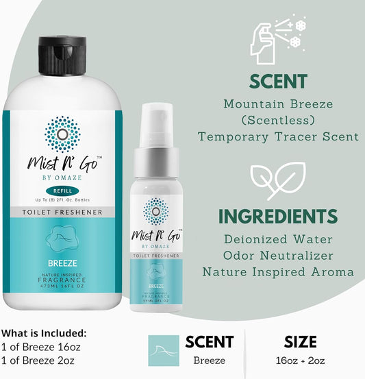 Mist N' Go by OMAZE Bathroom Odor Spray for Toilet Spray Refill Bottle - Multitasking Toilet Spray - Bathroom Spray Odor Eliminator for Strong Odors | Breeze, 16oz + 2oz