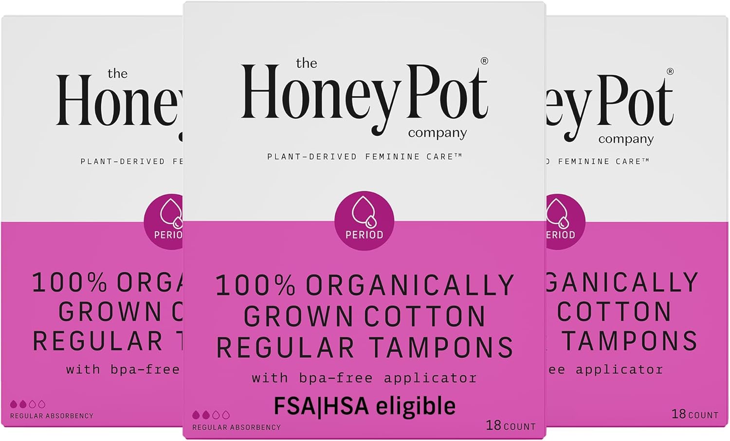 The Honey Pot Company - Organic Tampons W/Bio Plastic Applicator - Feminine Menstrual Products – Natural, Plant-Based - Regular Absorbency Unscented Tampons - 18 Count - Pack Of 3