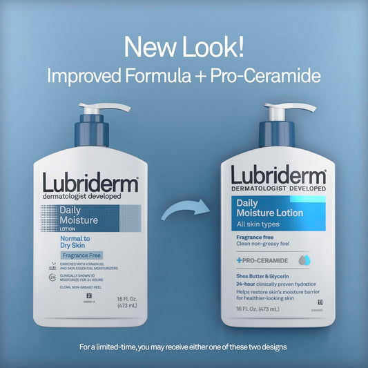 Lubriderm Fragrance Free Daily Moisture Lotion + Pro-Ceramide, Shea Butter & Glycerin, Face, Hand & Body Lotion For Sensitive Skin, Hydrating Lotion For Healthier-Looking Skin, 16 Fl. Oz