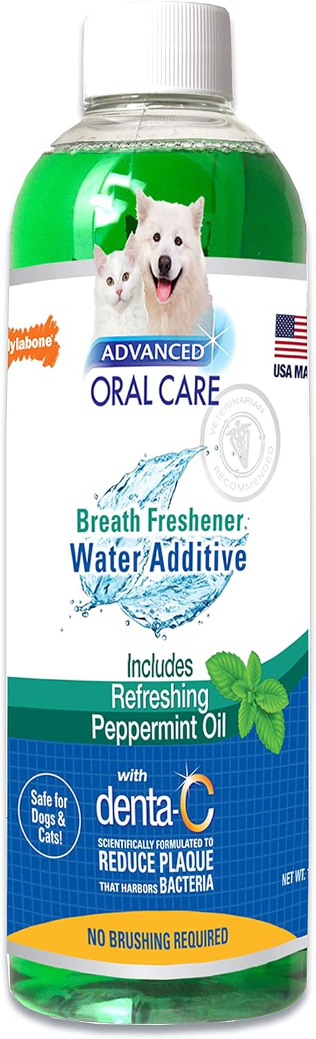 Nylabone Advanced Oral Care Cat & Dog Water Additive for Dental Care - Liquid Tartar Remover - Dog Breath Freshener & Teeth-Cleaning Liquid - Peppermint (16 oz.)