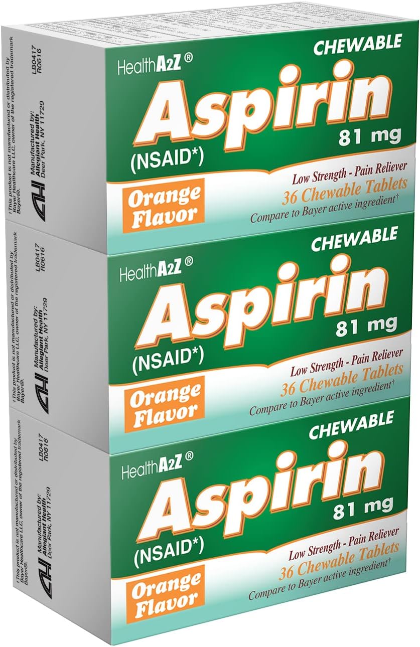 Healtha2Z® Aspirin 81 Mg | Low Strength | Chewable Tablets | Pain Relief | Reduces Minor Aches Muscle Pain & Cramps | Fever Reducer | Orange Flavor | Reduces Headache (36 Counts (Pack Of 3))