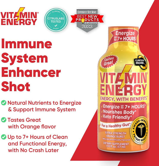 Vitamin Energy Extra Strength Energy Drink Shots | Natural Nutrients To Energize & Support Immune System | Sugar & Carb-Free | Immunity Formula | Up To 7+ Hours | Orange Burst- 1.93 Fl Oz - Pack Of 12