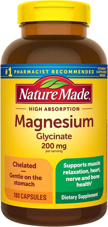 Nature Made Magnesium Glycinate 200 Mg Per Serving, Magnesium Supplement For Muscle, Heart, Nerve And Bone Support, 180 Magnesium Bisglycinate Capsules, 90 Day Supply